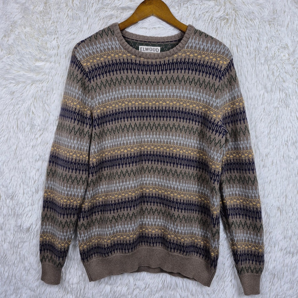 Elwood Mens Large Knit Geometric Fair Isle Crewneck Sweater Brown Multi *READ*